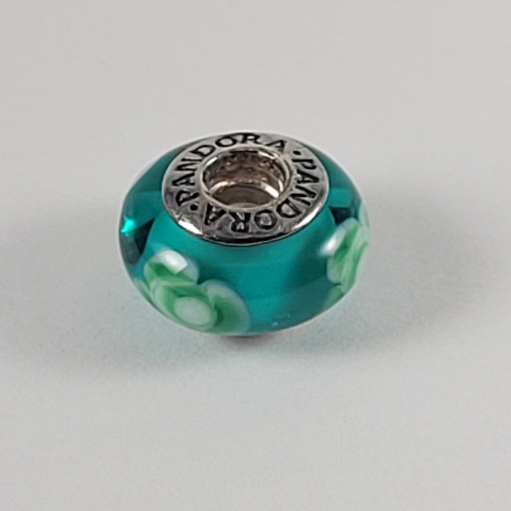 Pandora Silver Teal Flower Murano Glass Bead - Picture 3 of 7